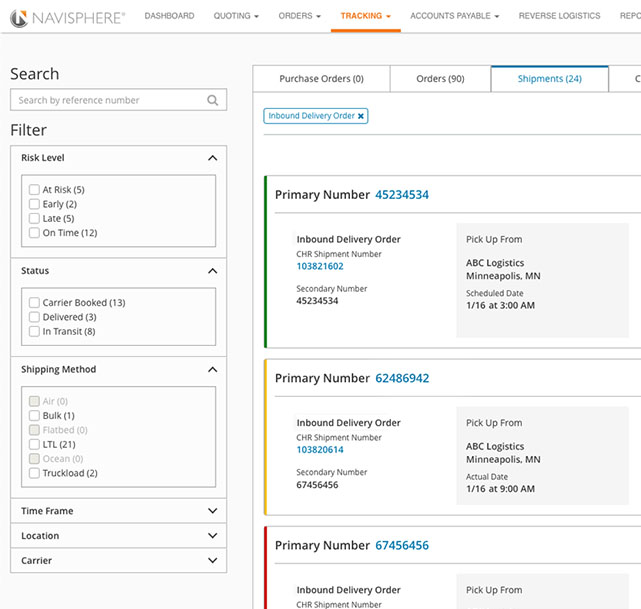 Navisphere advanced search for shipments C.H. Robinson carries