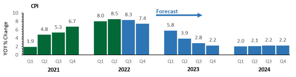 Graph of YoY percent change over 2021, 2022, and forecasted 2023 and 2024.