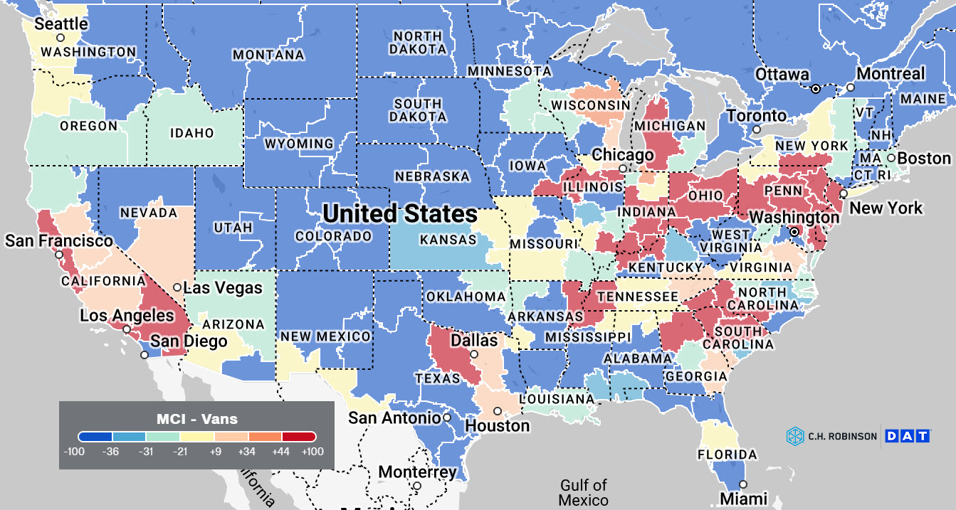 Dry van spot market heatmap DAT - C.H. Robinson freight market insights