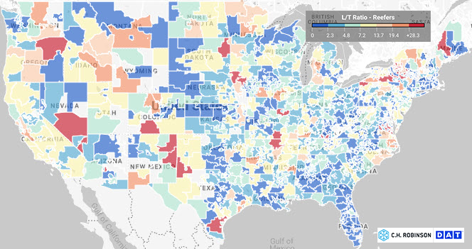 Reefer spot market heatmap DAT - C.H. Robinson freight market insights 11.17.22